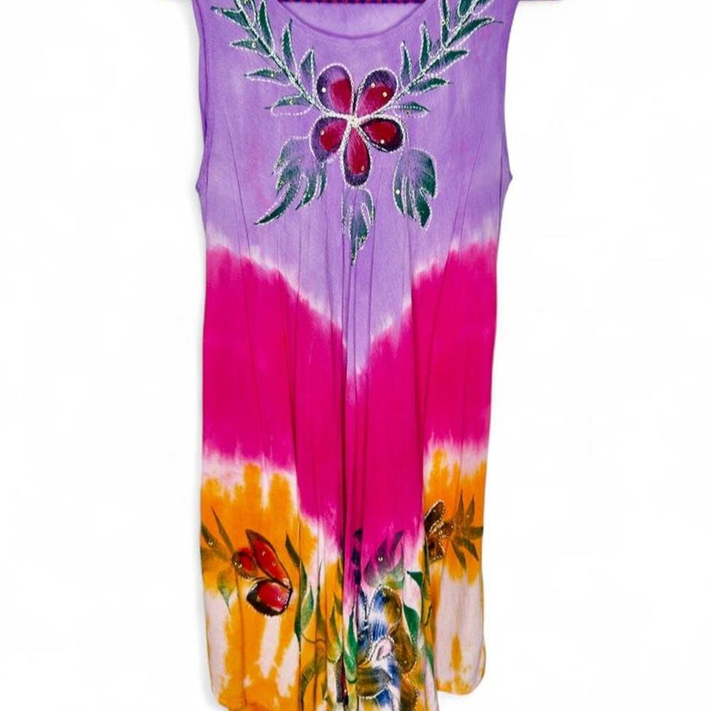 Seven Islands New York Purple Pink & Orange Floral Embroidery Tie-Dye Dress